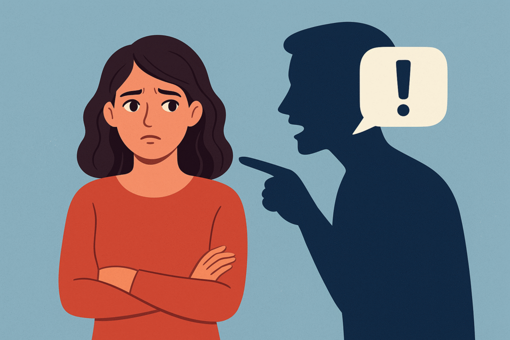 Illustration of a worried woman facing emotional pressure from a partner’s shadow figure, symbolizing manipulation in a toxic relationship.