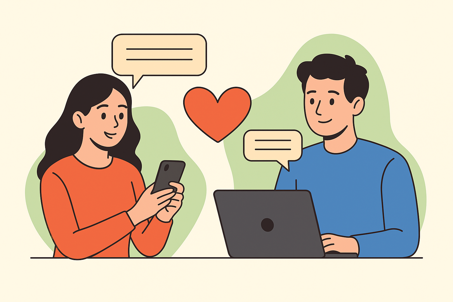 A flat-style illustration showing a couple communicating through their phones, symbolizing emotional connection in an online relationship. They appear happy, smiling, and surrounded by hearts and digital icons.