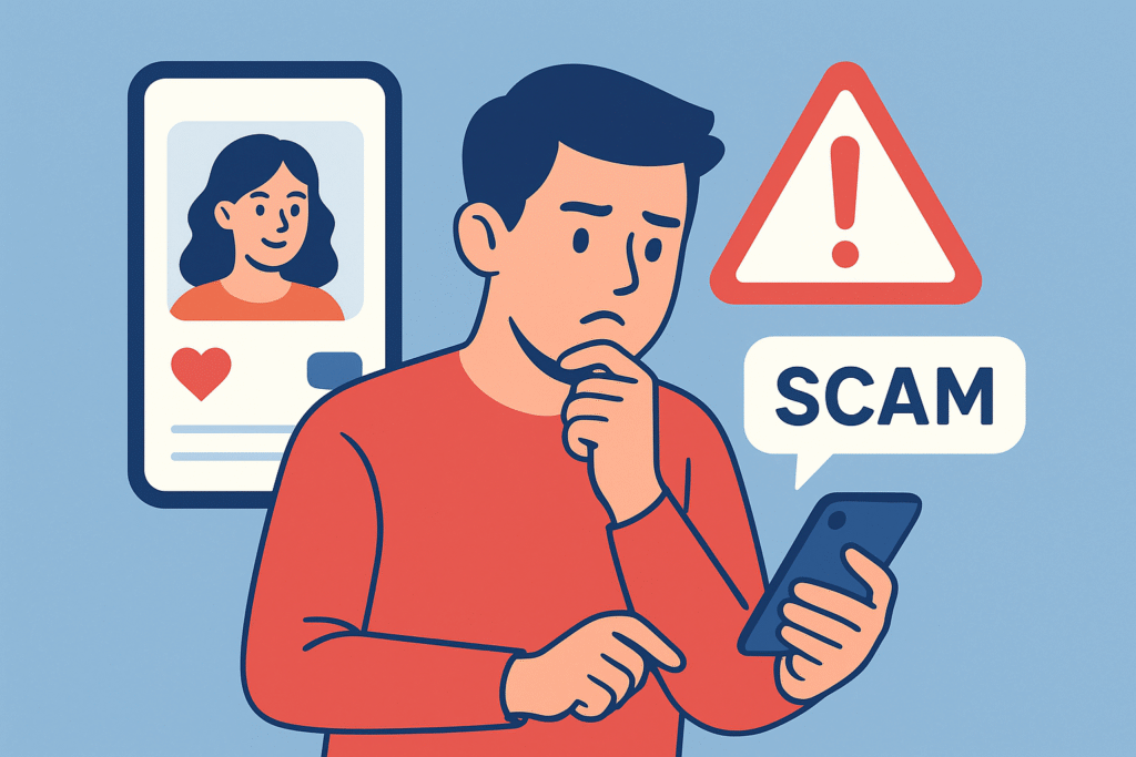 Flat-style illustration of a man checking a suspicious dating app message with scam warning icons.