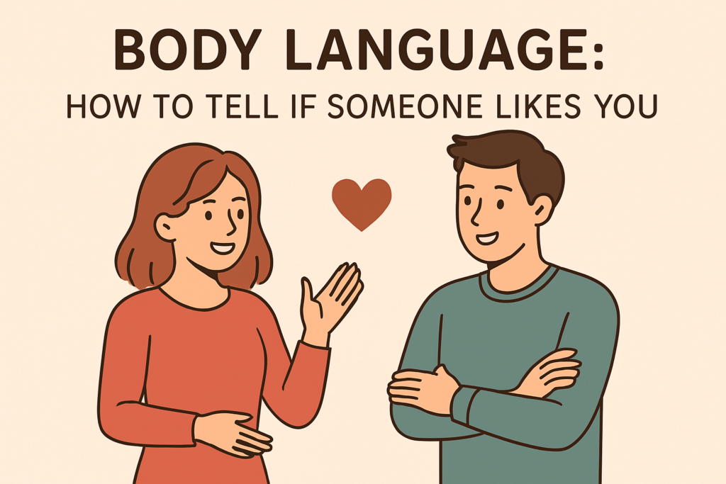 Minimalist illustration of a couple making eye contact and smiling, expressing mutual attraction through body language.