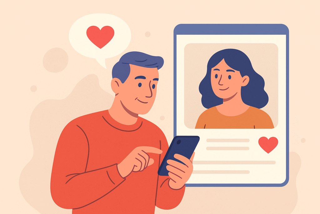 Flat 2D illustration of a confident man sitting at a café with a smartphone, symbolizing overcoming fear of online dating and building confidence for men over 30