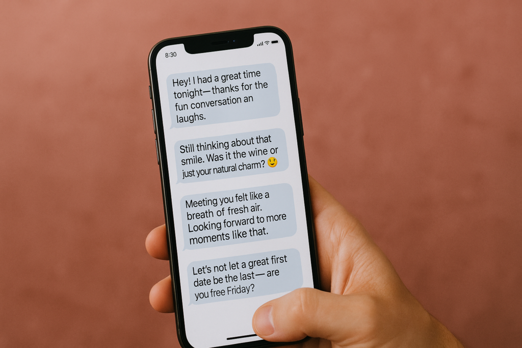 Smartphone screen showing flirty and sincere text messages after a first date, representing digital romance and online dating communication.