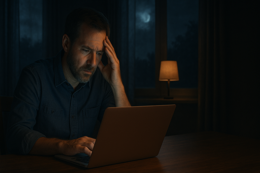 A thoughtful man sitting at a table at night, looking at his laptop with concern while preparing for online dating.