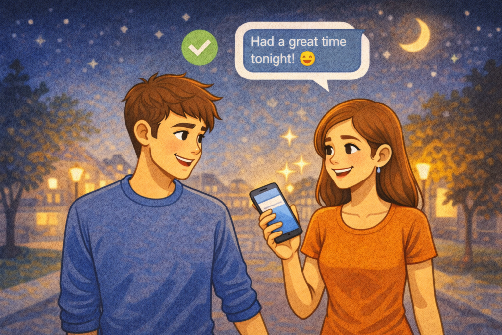 Couple smiling and texting after a successful first date in the evening