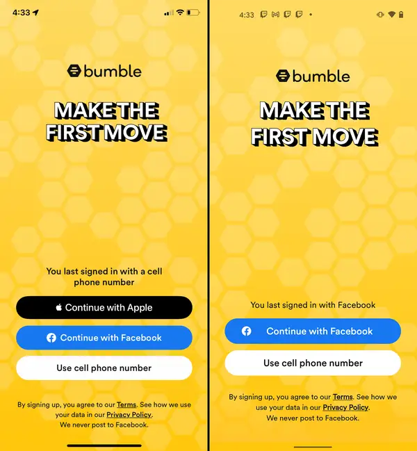Bumble screen offering login options via phone, Apple, Google, or Facebook