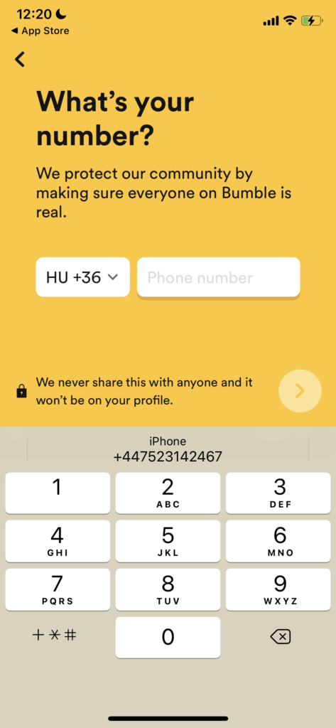 Smartphone showing Bumble phone number verification code entry screen