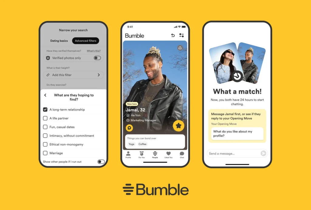 Bumble “It’s a Match” confirmation screen with two profile photos and chat option