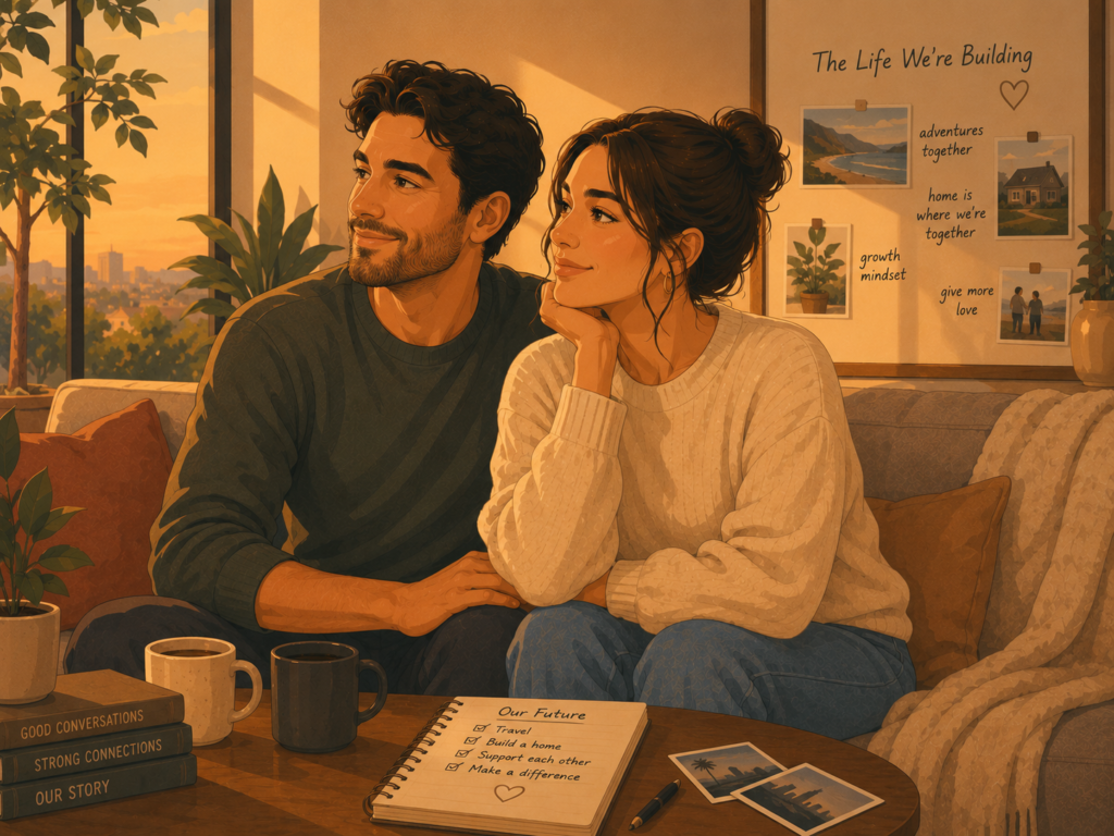 Signs you're ready for marriage — illustration of a couple making a conscious, joyful commitment together
