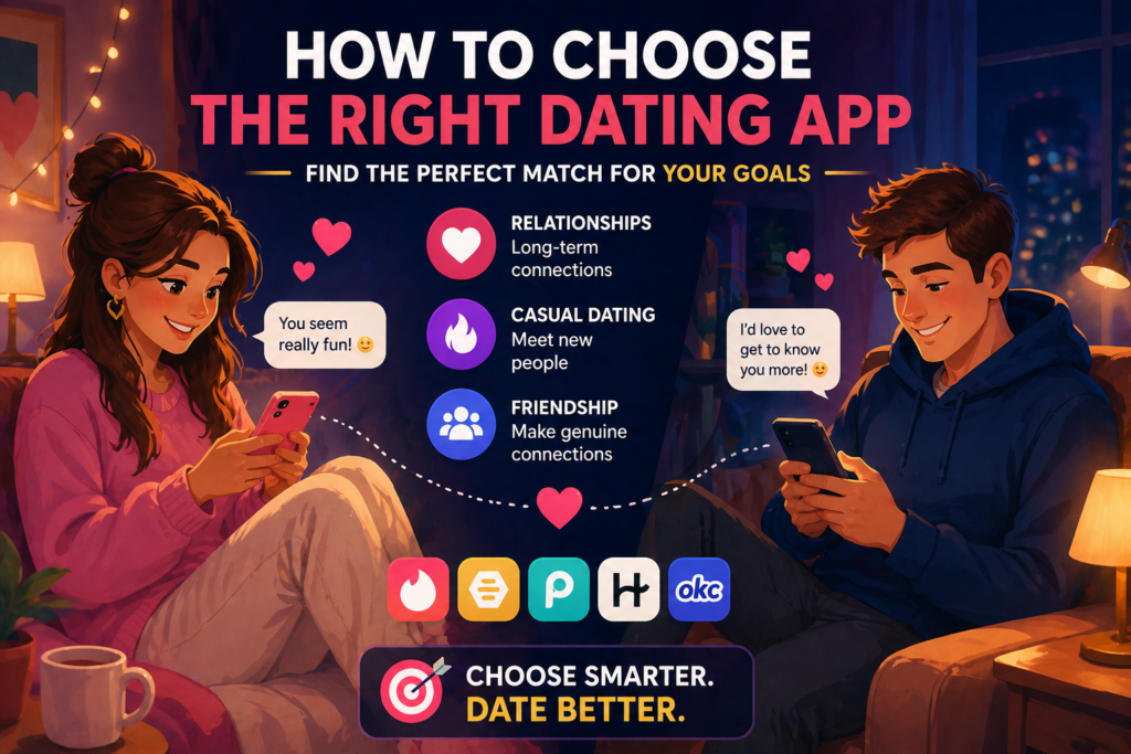 how to choose the right dating app illustration with two people chatting online