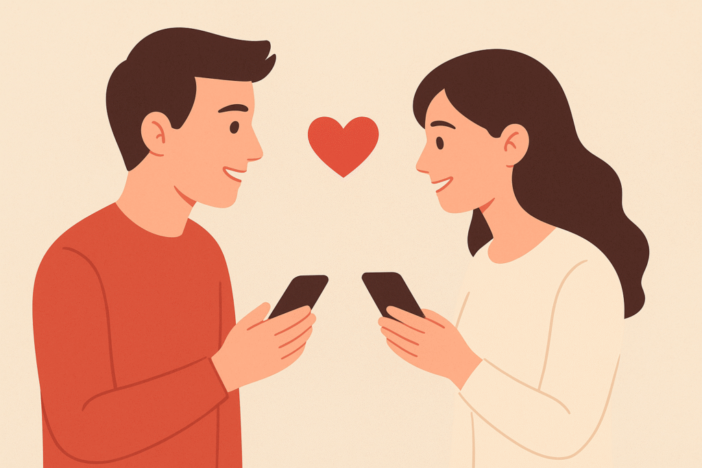 Man and woman smiling while chatting through a dating app with a heart symbol between them — representing online connection and affection.”