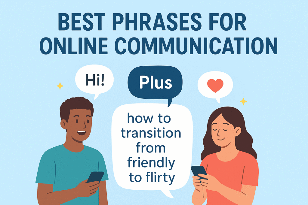 Two people chatting on smartphones with friendly and flirty messages, illustrating best phrases for online communication.