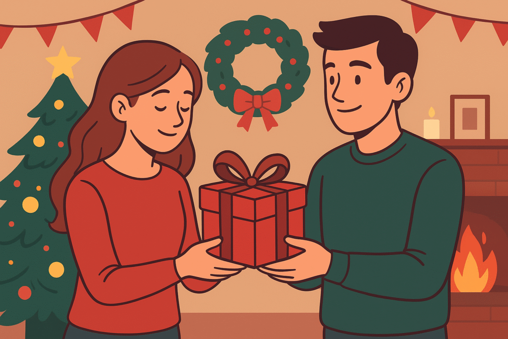 A 2D flat-style illustration of a couple exchanging a Christmas gift in a cozy, festive living room with a Christmas tree and fireplace.