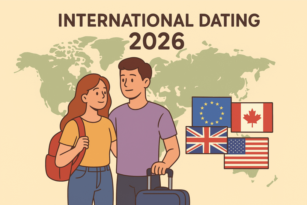A flat 2D illustration of an international couple meeting online and traveling together, symbolizing global dating in 2026