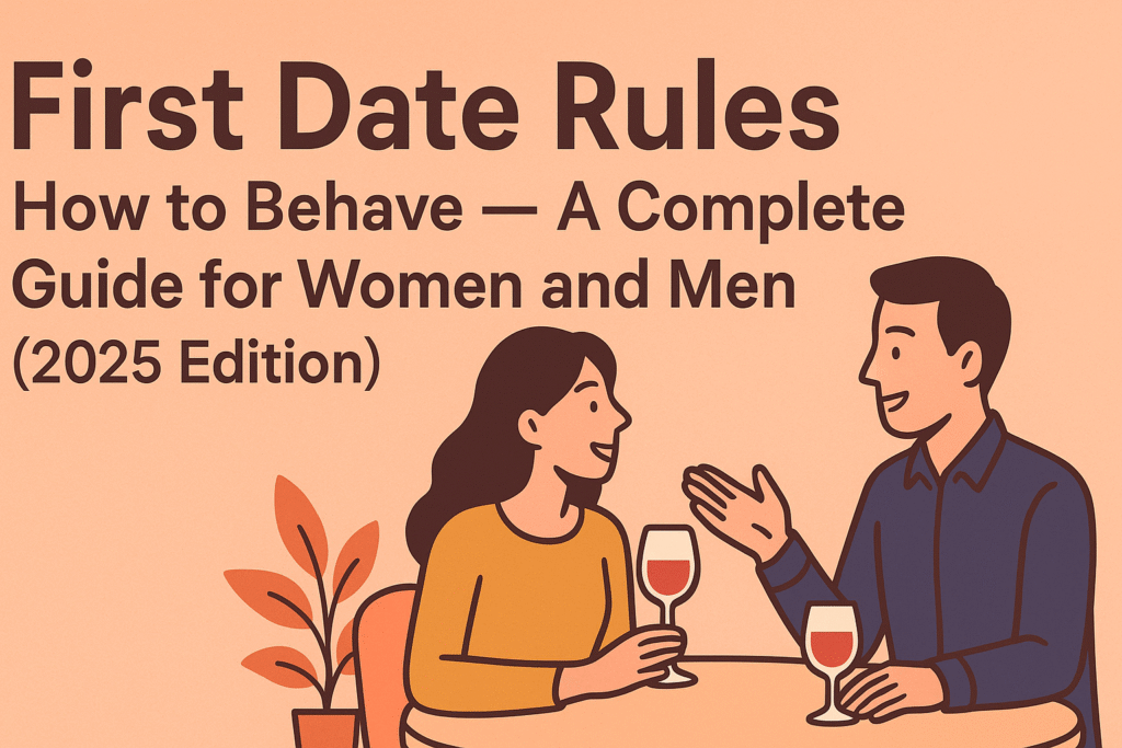 2D cartoon-style illustration of a man and woman on a first date at an outdoor café, representing first date behavior rules for men and women.