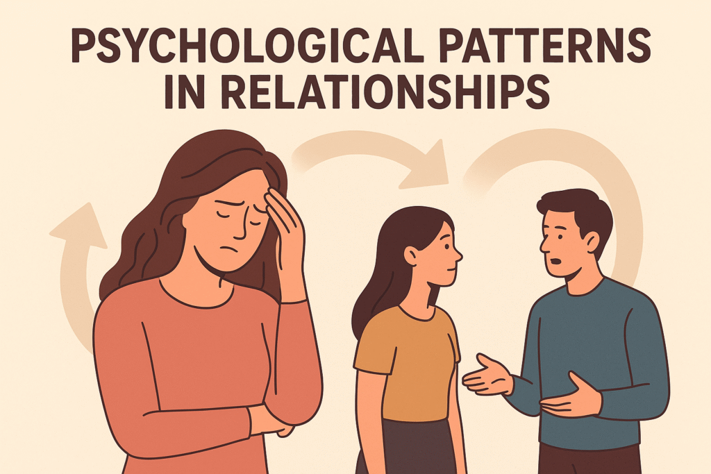 2D flat-style illustration showing a woman feeling emotional stress and a couple discussing relationship issues, symbolizing repeating psychological patterns in relationships.