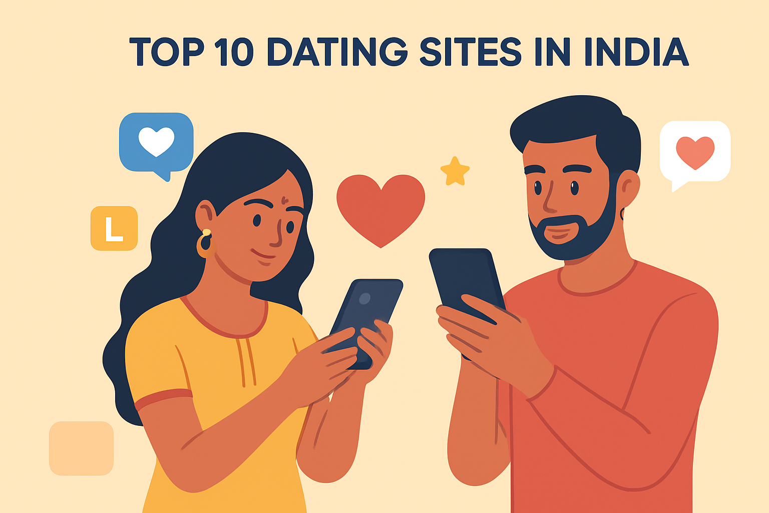 A colorful flat-style 2D illustration of an Indian couple using dating apps on their phones, surrounded by digital hearts and icons, representing the best dating sites in India for 2025.