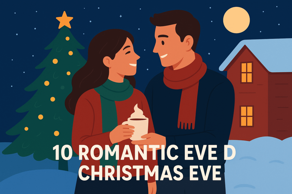 A flat 2D illustration of a couple enjoying a romantic Christmas Eve outdoors with a Christmas tree, snow, and warm lights in the background.