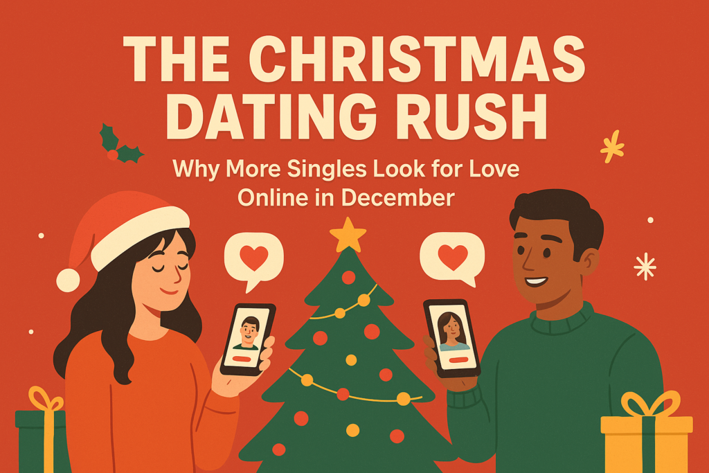 Illustration of two singles using online dating apps during the Christmas season, symbolizing the holiday dating rush.