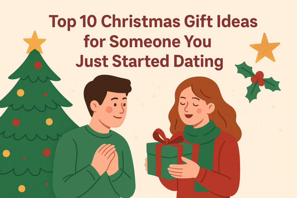 Cute Christmas illustration of a couple exchanging a gift — perfect visual for an article about Christmas gift ideas for someone you just started dating.