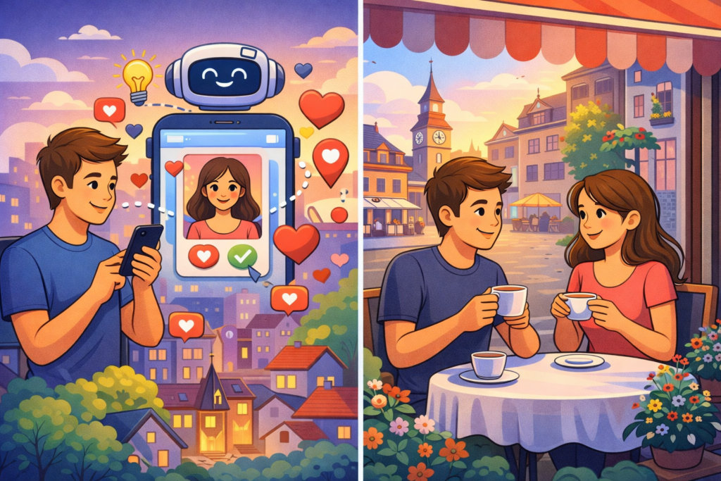 2D illustration showing online and offline dating in Europe, with a couple meeting through a dating app and real-life interaction in a European city
