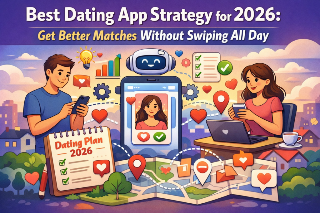 Illustration of modern online dating strategy in 2026 with a smartphone, AI matchmaking, and people connecting without endless swiping