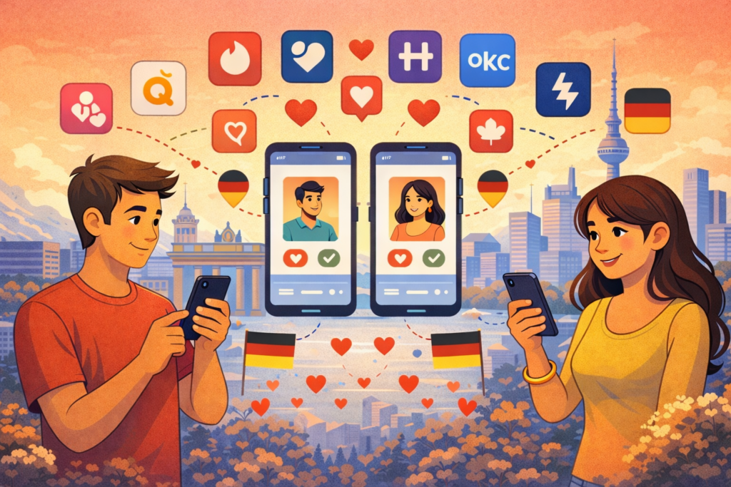 2D cartoon illustration of dating apps in Germany