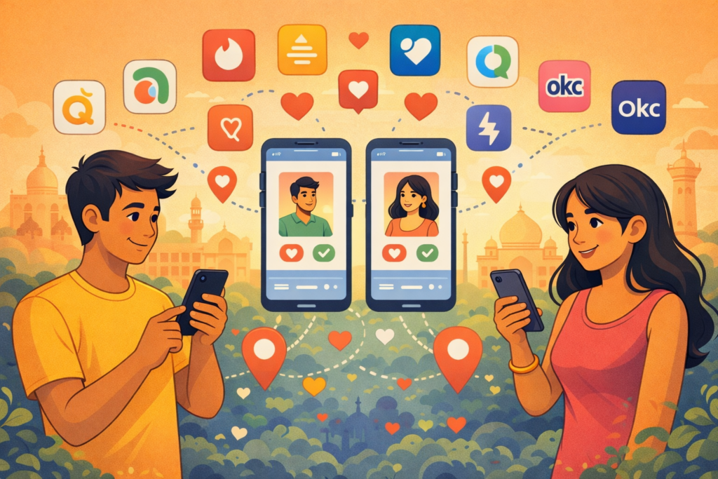 2D illustration showing online dating apps in India, with people matching on smartphones and local connections in Indian cities