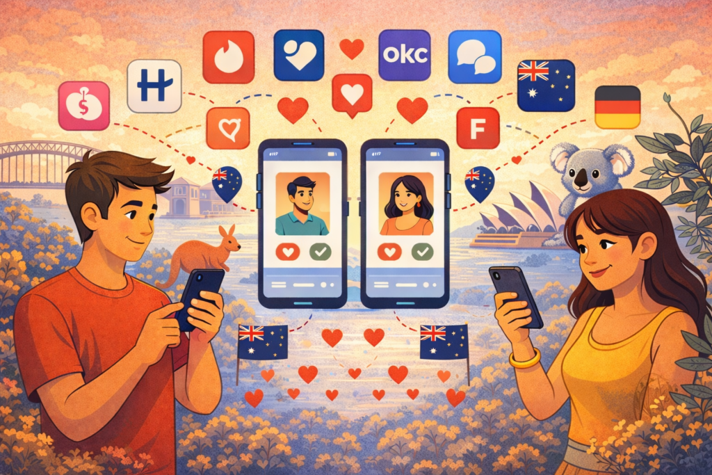 Minimalist 2D illustration of online dating in Australia with people using dating apps and local city background