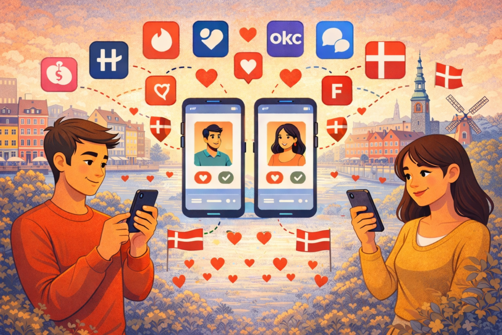 Online dating in Denmark illustrated with smartphones and local matches