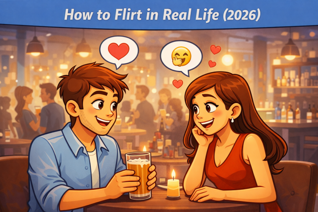 Cartoon illustration of a man and woman flirting in real life at a bar in 2026