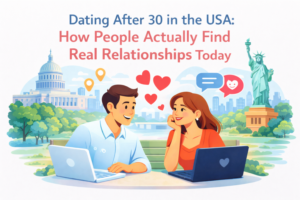 Illustration representing dating after 30 in the USA and building real relationships