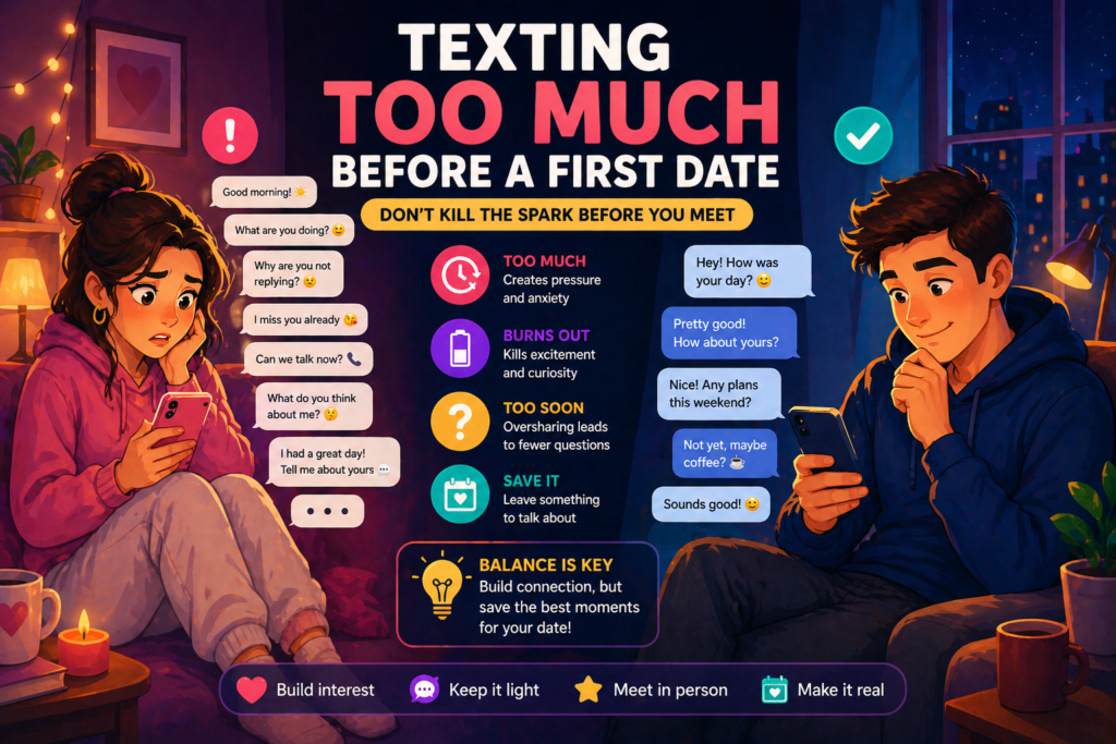 Man and woman texting separately before a first date
