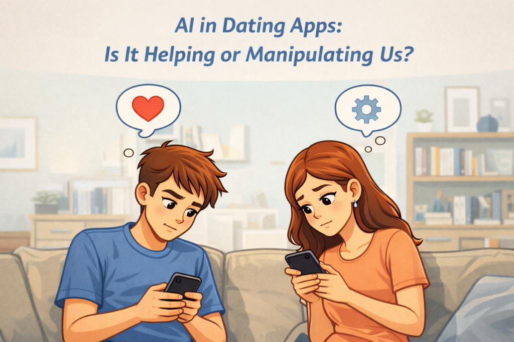 AI influencing matches in dating apps illustrated in 2D cartoon style
