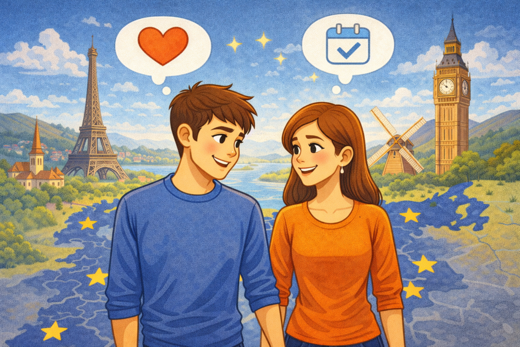 Couple holding hands in front of European landmarks representing serious dating sites in Europe