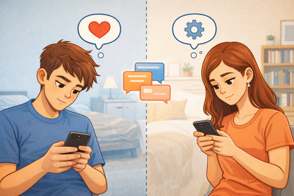 Couple texting before a first date illustrated in minimalist 2D cartoon style