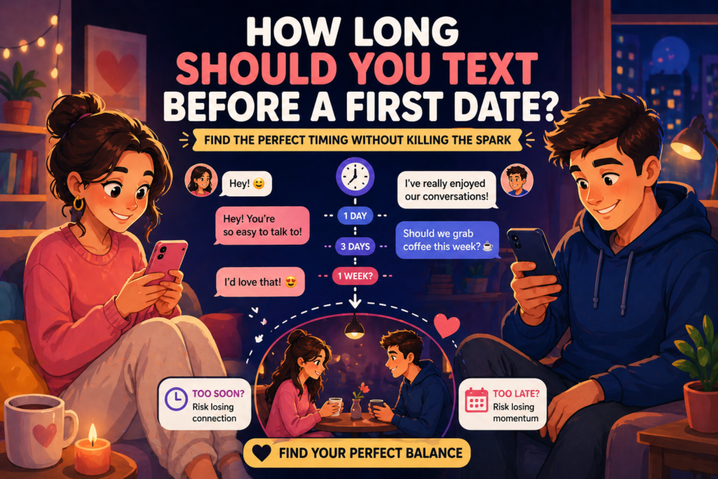 how long to text before first date illustration with two people chatting online and planning a date