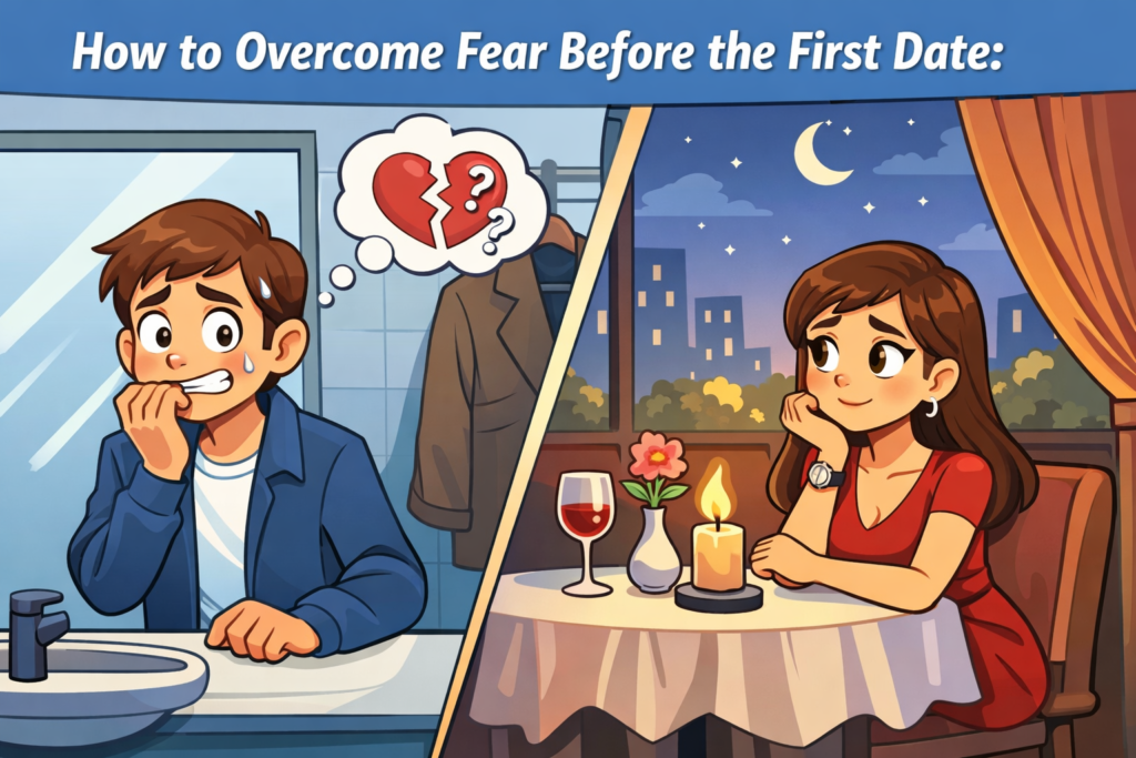 Anxious person overcoming fear before a first date, illustrated in 2D cartoon style