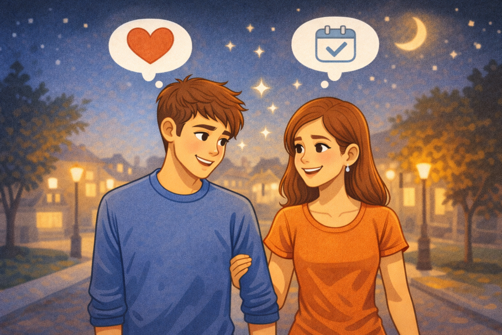 Man and woman smiling after a successful first date