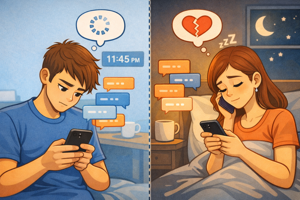 Man and woman texting separately before a first date