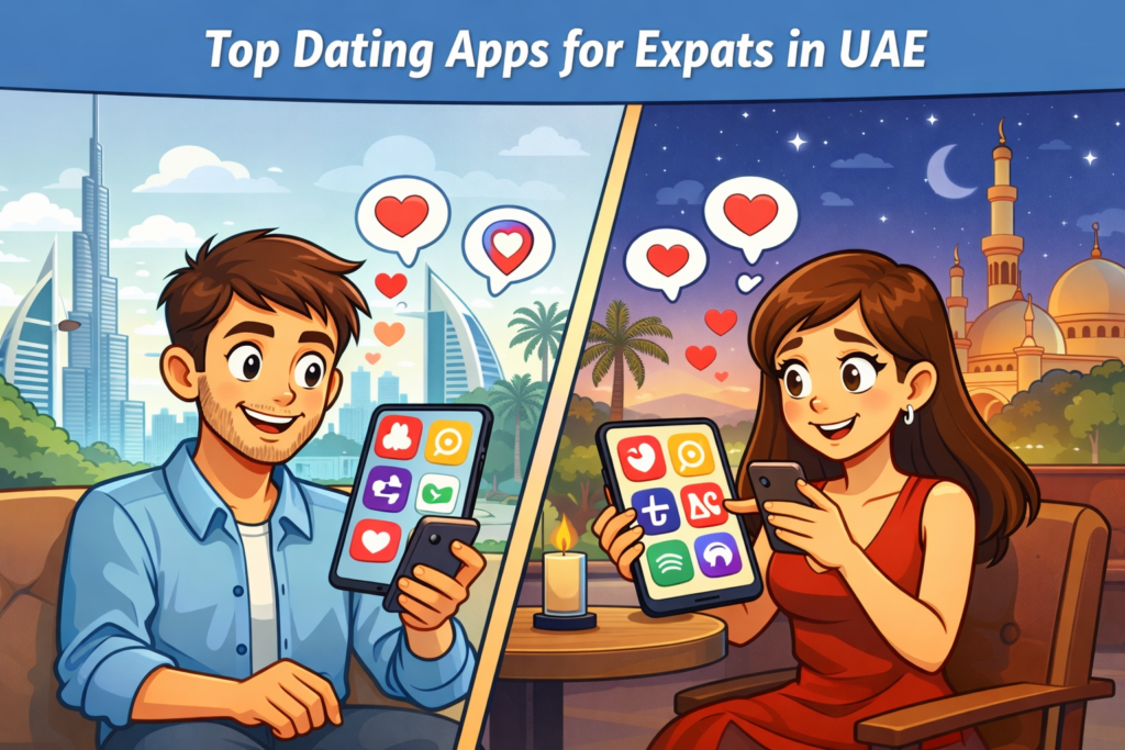 Expats using dating apps in UAE illustrated in 2D cartoon style