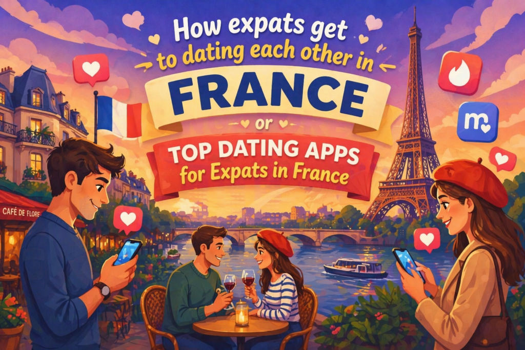 expats dating in France couple in Paris using dating apps with Eiffel Tower background