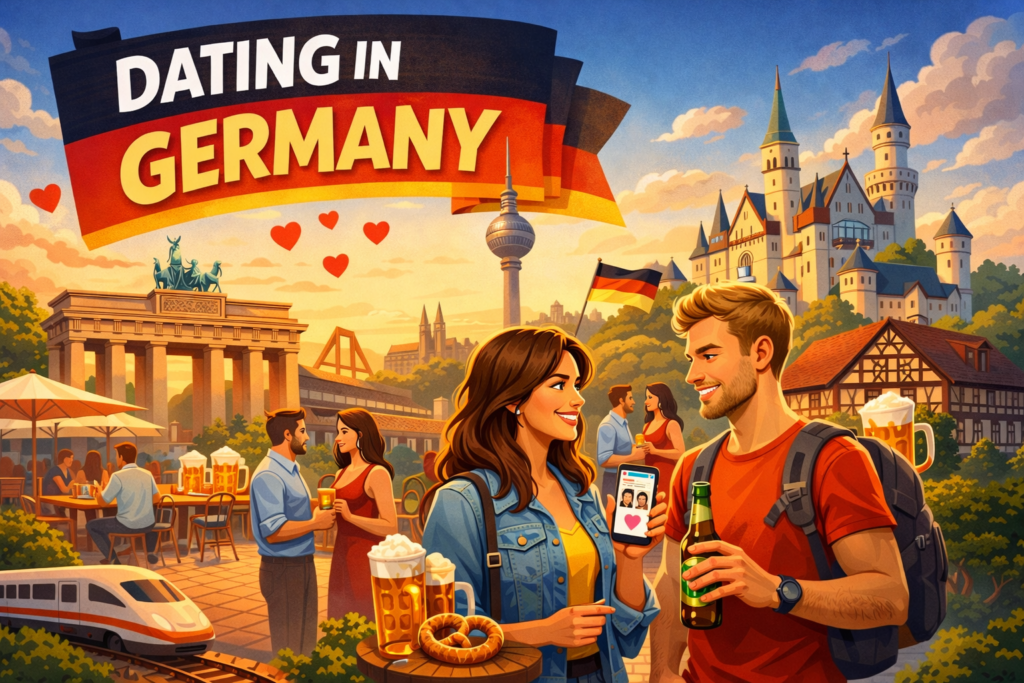 expats dating in Germany illustration couple using dating apps in Berlin