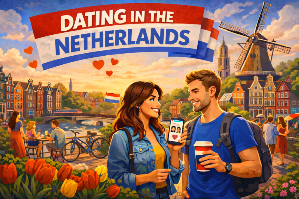 expats dating in the Netherlands couple using dating apps in Amsterdam with Dutch landmarks