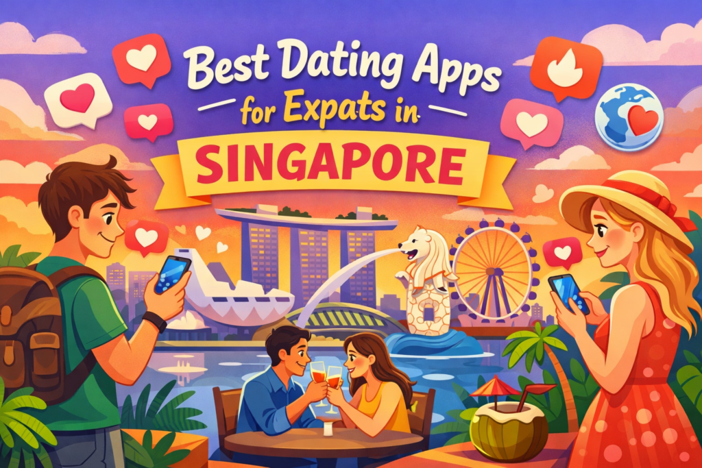 expats dating in Singapore using dating apps with city skyline Marina Bay