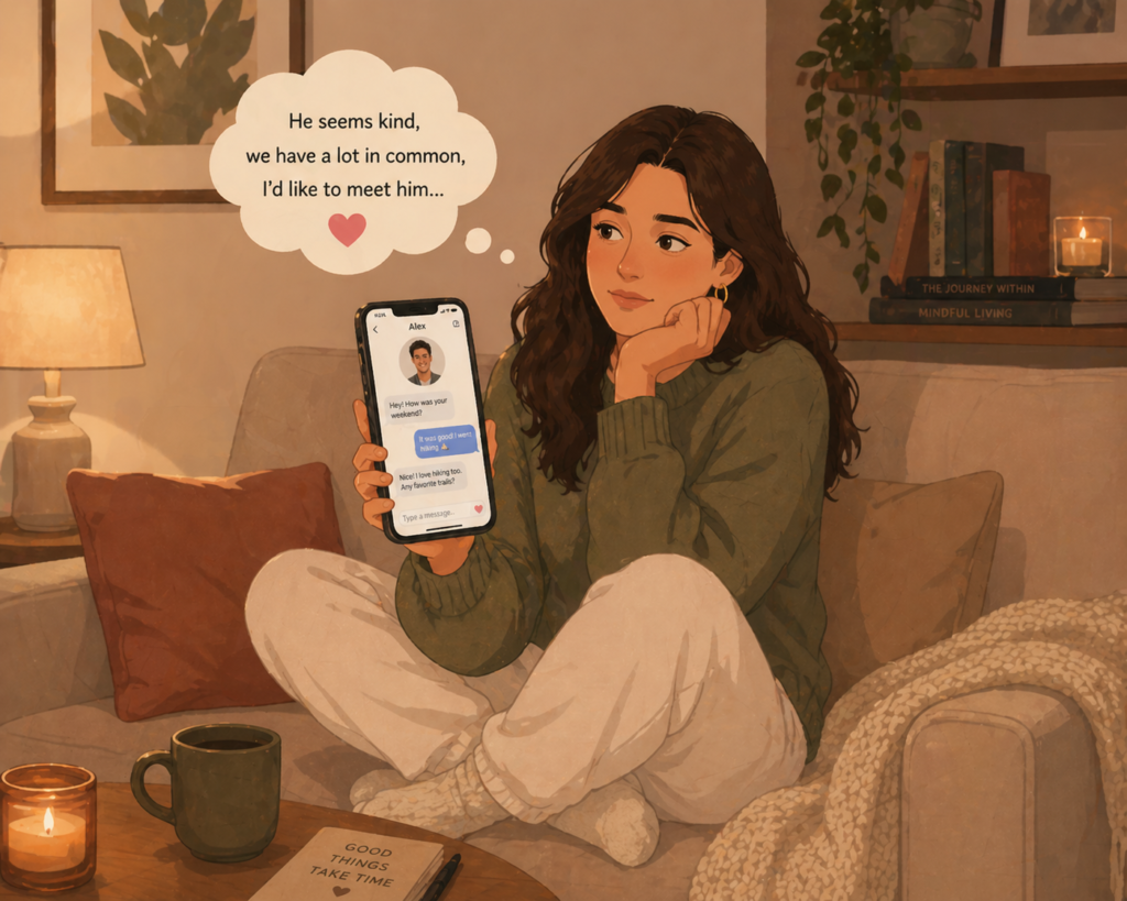 How to start a conversation on Tinder — illustration of a person typing an opening message on a dating app