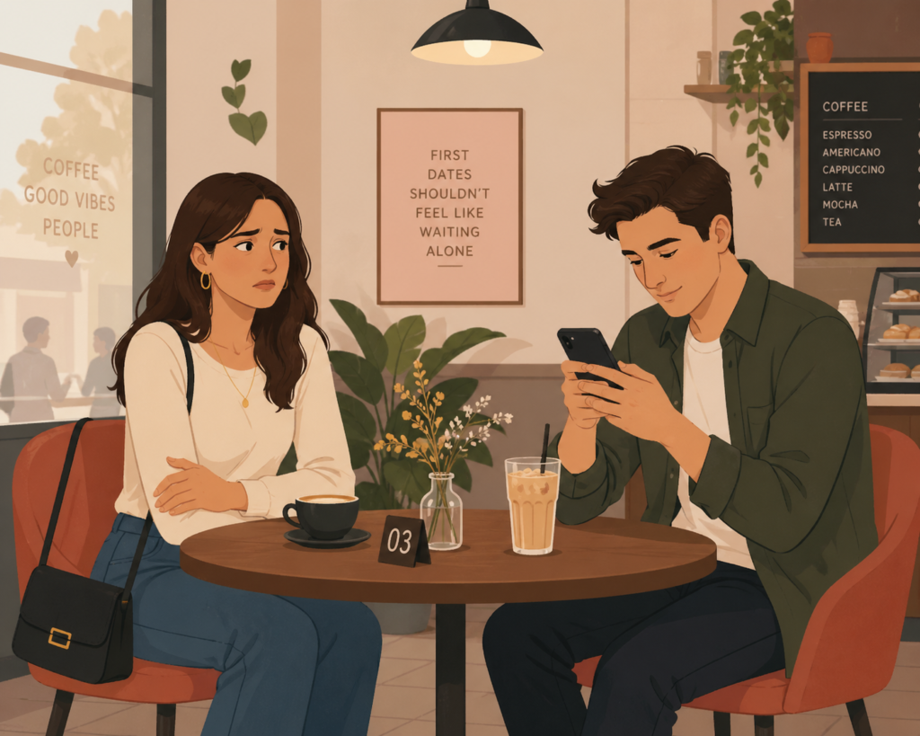 Red flags on a first date — illustration of uncomfortable date at a café