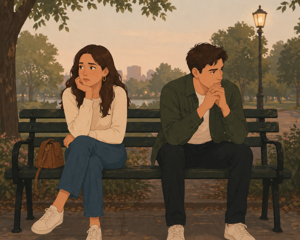 Situationship vs relationship — illustration of a couple sitting together looking uncertain about their connection