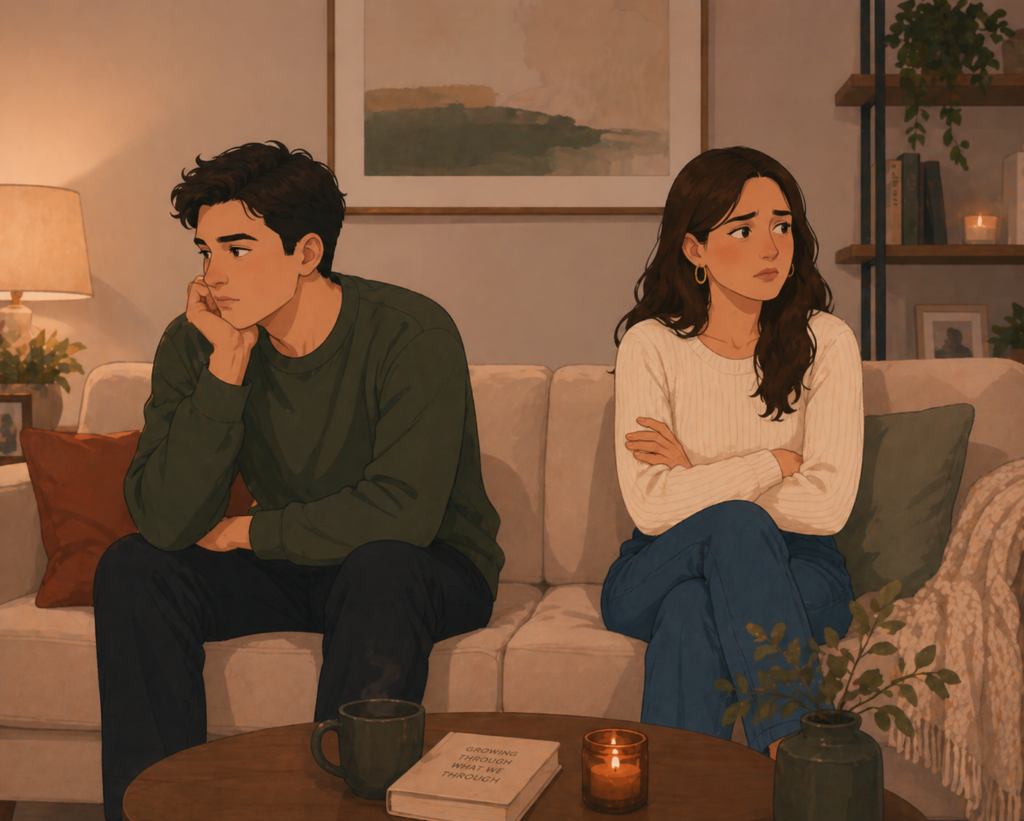 Why men pull away after getting close — illustration of a couple with emotional distance between them