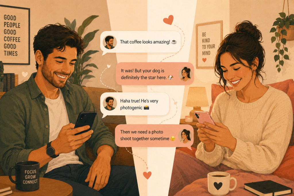 Best apps for online flirting — illustration of two people exchanging playful messages on dating apps