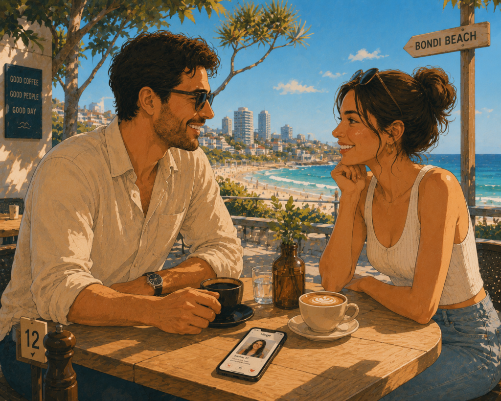 Best dating apps for expats in Australia — illustration of a couple meeting at an outdoor café in an Australian city